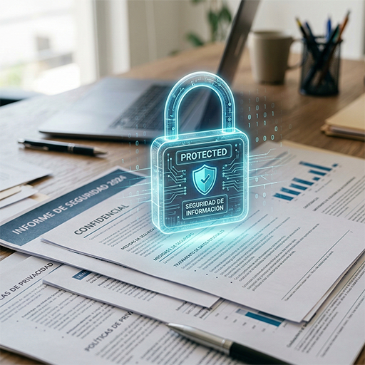Tarjeta con Imagen, título, texto y enlace: Imagen descripción: Documentos y una laptop en un escritorio, con un candado digital holográfico sobre ellos que indica “PROTECTED / Seguridad de información”; simboliza el Programa de Datos Personales de la SCJN y sus acciones para proteger y gestionar los datos (políticas y protocolos, inventario de tratamientos, medidas de seguridad y capacitación) y garantizar el resguardo responsable de la información ciudadana. Título: Programa de datos personales. Texto: Conoce nuestro Programa de protección de datos personales, el inventario de tratamientos, el documento de seguridad y las acciones de capacitación.